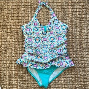 Lands’ End 16+ girls turquoise fuchsia print halter one piece swimsuit